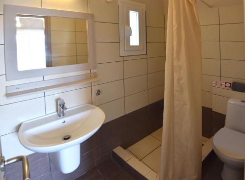 La salle de bains est pourvue d'un lavabo et de toilettes. dans l'établissement Kohili Kolibithra in Tinos, à Kollimpithra