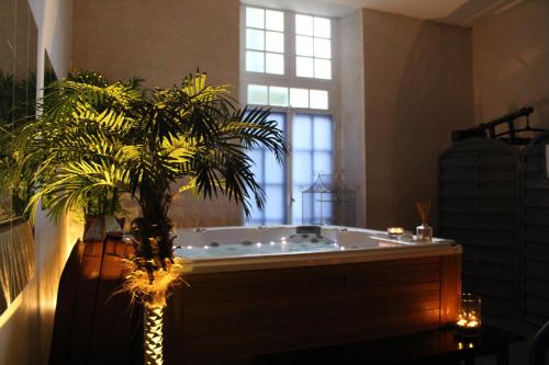 a bathroom with a tub with a palm tree in it at Manoir de la Baronnie in Saint Malo
