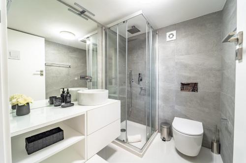 a bathroom with a shower and a toilet and a sink at On The Square Flat - City Center by House and People in Braga