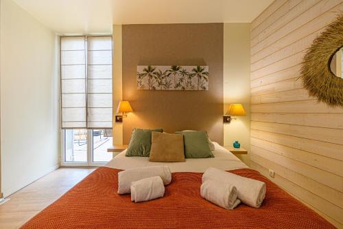 une chambre avec un grand lit avec deux oreillers dans l'établissement La Terrasse du Mené - Appt dans le centre ville, à Vannes