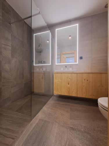 a bathroom with a glass shower and a toilet at Apartmány Štěpánkova 85 in Chrudim