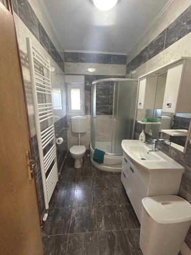 a bathroom with a sink and a toilet and a shower at Apartments Nicole Wera in Nin