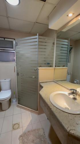 unique 2 rooms apartment al madina st amman في Umm Uthainah: حمام مع حوض ودش ومرحاض