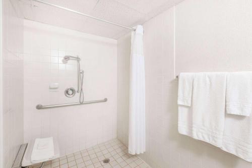 a white bathroom with a shower and a toilet at Days Inn by Wyndham Grand Island I-80 in Doniphan