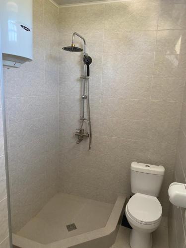 a small bathroom with a toilet and a shower at GRIGOLETI River Club in Grigoleti