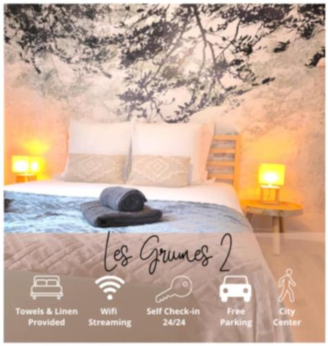 une affiche d'un lit avec un panneau indiquant des chewing-gums glacés dans l'établissement NOUVEAU Les Grumes 2 - Maison - 2 chambres - Jardin - Neuf, à Compiègne