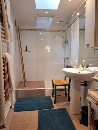 a bathroom with a shower and a sink and a tub at Shanti Home in La Tour-sur-Orb