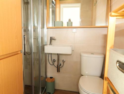 a bathroom with a toilet and a sink and a shower at Casa com pátio - São Lourenço (Ericeira) in Casais de São Lourenço