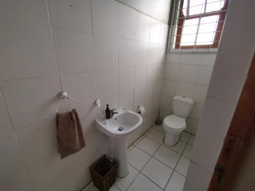 a white bathroom with a sink and a toilet at Oceanic Flashpackers accommodation in East London