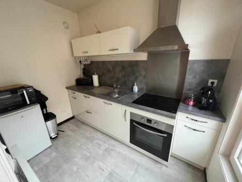 une cuisine avec des armoires blanches et un four à plaques de cuisson dans l'établissement Le mortier d’or duplex hyper centre ville, à Troyes