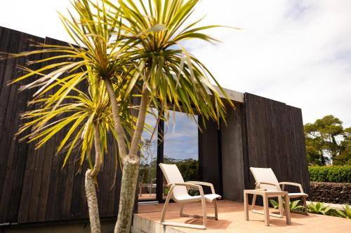 two chairs and a palm tree in front of a house at Batalha Golf Villas & Spa in Ponta Delgada