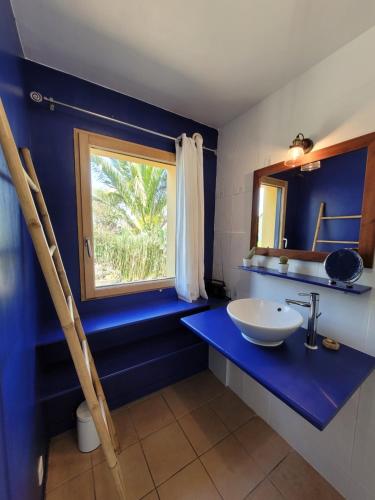 une salle de bains bleue avec lavabo et fenêtre. dans l'établissement evasion exotique à 700 metres de la plage, à Plouescat