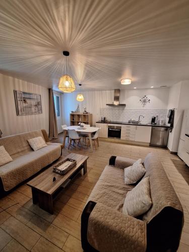 un salon avec un canapé et une table dans l'établissement Charmant Appartement paisible à 5 mn en voiture de la plage, à Canet