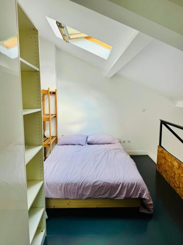une chambre avec un lit et une étagère dans l'établissement Charmant duplex centre ville, à Pantin