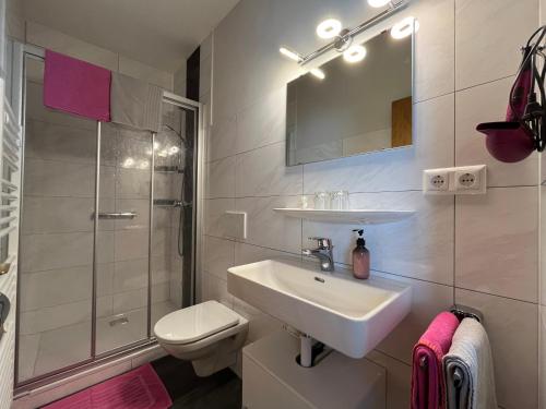ミルシュタットにあるSeemüllnerhausのバスルーム(洗面台、トイレ、シャワー付)