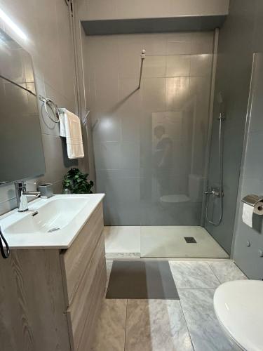 a bathroom with a shower and a sink and a toilet at Basement Apartment Studio in San Bartolomé