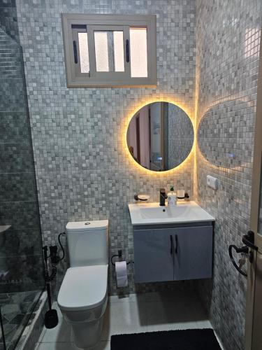 a bathroom with a toilet and a sink and a mirror at Casa Moreno Apartments - Dar Hanan in Tangier
