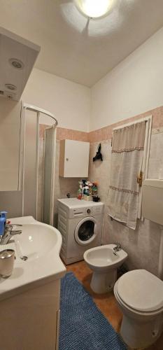 a bathroom with a sink toilet and a washing machine at La casetta di Anna in Laveno