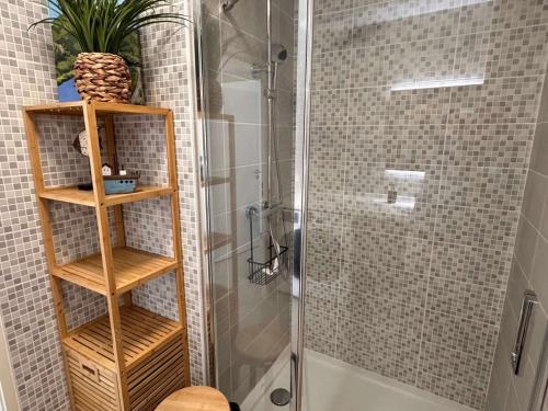 La salle de bains est pourvue d'une cabine de douche en verre. dans l'établissement Appartement T2 de standing, face mer, 4 pers, à 30m de la plage, parking privatif - FR-1-701-73, à Valras-Plage