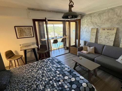 un salon avec un lit et un canapé dans l'établissement Studio à 5 min de la plage des Elmes avec parking, ascenseur - 2 pers. - FR-1-225C-125, à Banyuls-sur-Mer