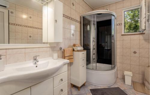 uma casa de banho com um lavatório e um chuveiro em Cozy Apartment In Matulji With House Sea View em Matulji