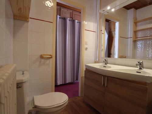 une salle de bain avec un lavabo, des toilettes et un miroir dans l'établissement Studio de 25m² au 6ème étage, proche centre, balcon, Wifi, animaux acceptés - FR-1-694-264, à Val dʼIsère
