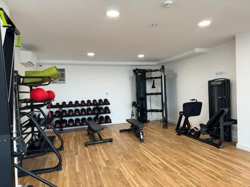 a gym with several treadmills and weights in a room at Penthouse height Flat, City View Balcony, Quiet, Free Wifi, Gym & More Minimalistic Home in Manchester