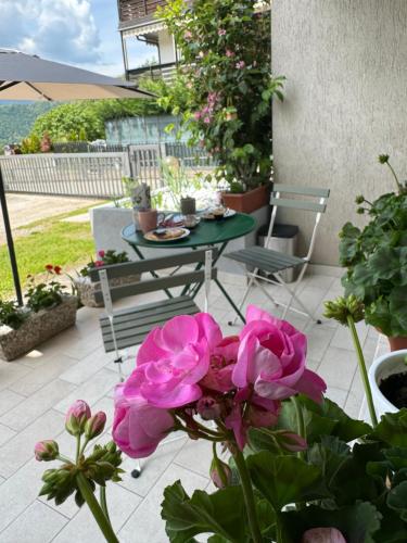 a table and chairs on a patio with a pink flower at Green House Next - Lovely Apartment for family and Free Parking in Levico Terme