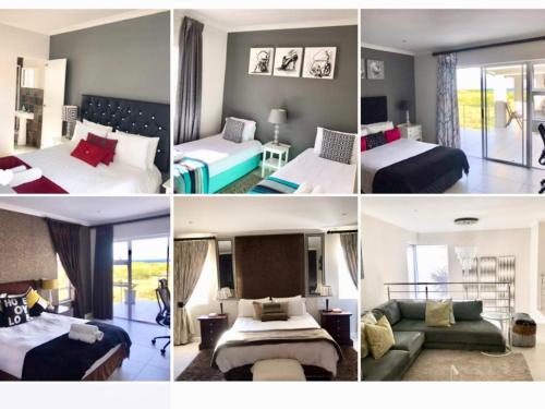 a collage of four pictures of a hotel room at Amani Luxe Villa in Amsterdamhoek