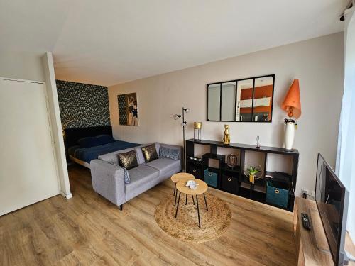 un salon avec un canapé et une table dans l'établissement L'ambassadeur - Parking - Calme - 5 min centre Pau, à Billère