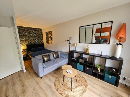 un salon avec un canapé et une table dans l'établissement L'ambassadeur - Parking - Calme - 5 min centre Pau, à Billère