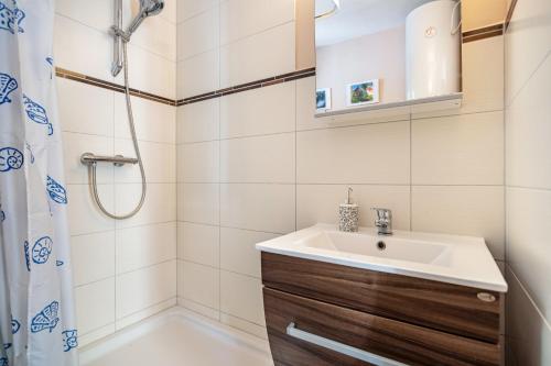 un baño con lavabo y ducha en Bungalow 'zur Möwe' - Bgl 22, en Dranske