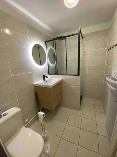 une salle de bain avec toilettes, lavabo et miroir dans l'établissement Les Myriades Hardelot, à Neufchâtel-Hardelot