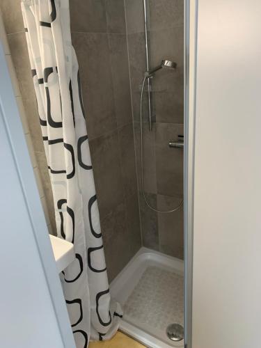 a bathroom with a shower with a shower curtain at Kleine drei Länderzentrale in Hohenems
