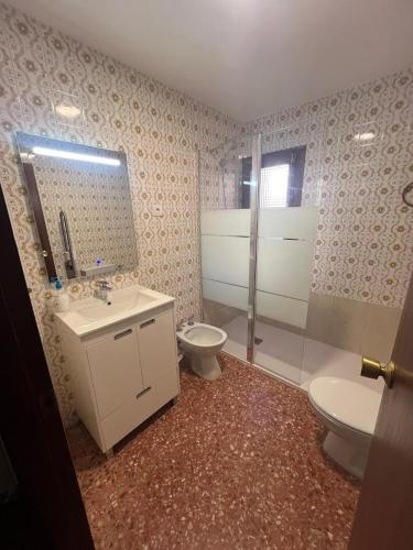 a bathroom with a toilet and a sink and a shower at Apartamento JUMIDOSIV in Aliaga