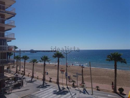 a view of a beach with palm trees and the ocean at Beach apartment-VillaJoyosa, north Alicante in Villajoyosa