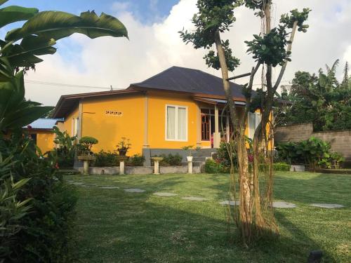 a small yellow house in a yard with a tree at Wana house wanagiri munduk bali in Gitgit