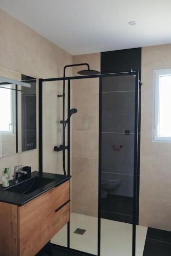 une salle de bain avec une douche en verre et un lavabo dans l'établissement Sous les pins avec SPA et accès privé à la plage, à Saint-Hilaire-de-Riez