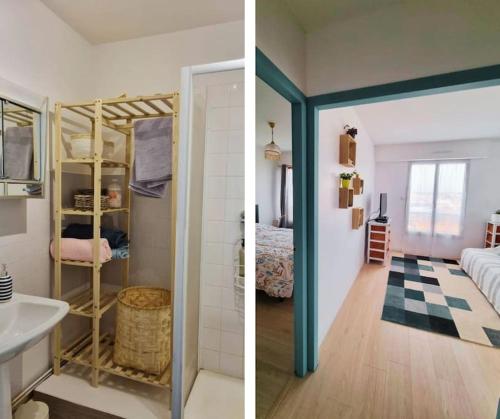 - deux images d'une chambre avec un lit et une salle de bains dans l'établissement Plage à 50m, charmant T2 dernier étage, à Les Sables-dʼOlonne
