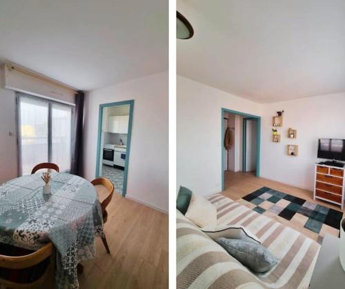 deux photos d'une pièce avec une table et d'un salon dans l'établissement Plage à 50m, charmant T2 dernier étage, à Les Sables-dʼOlonne