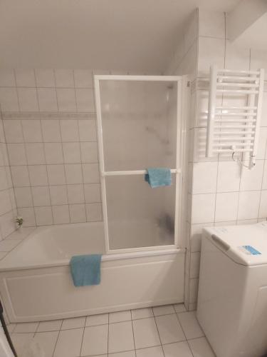 a bathroom with a shower and a tub and a toilet at Chez Swan et Yuliya in Mooslargue