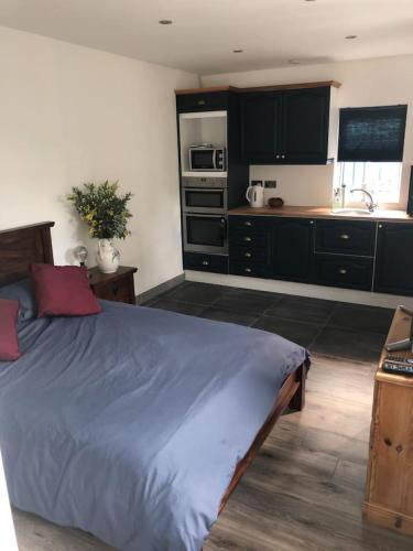 a bedroom with a large bed and a kitchen at The Blue Garden Flat in Belfast