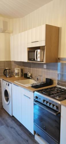 une cuisine avec une cuisinière et un micro-ondes dans l'établissement Appartement à 2 pas des thermes, à Vals-les-Bains
