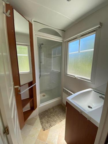 une salle de bain avec un lavabo et une douche avec une fenêtre dans l'établissement Mobil Home, à Tralonca