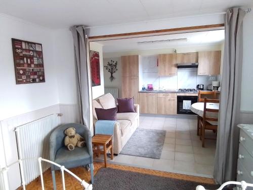 un salon avec un canapé et une chaise dans l'établissement Le Terrier, à Chamberet