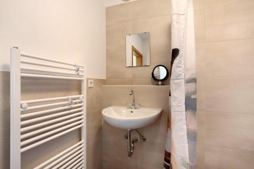 La salle de bains est pourvue d'un lavabo et d'un miroir. dans l'établissement Ferienwohnung auf dem Ennerthof, à Arnsberg