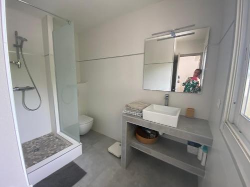 une salle de bain avec un lavabo, une douche et un miroir dans l'établissement Marina avec place de bateau à port Camargue, au Grau-du-Roi