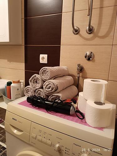 a pile of towels sitting on top of a washing machine at 3-Bedroom NewHome in Mostar
