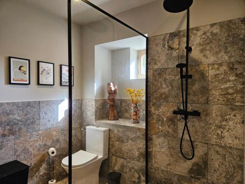une salle de bain avec douche et toilettes dans l'établissement Ancienne cave à vin rénovée, à Pianottoli-Caldarello