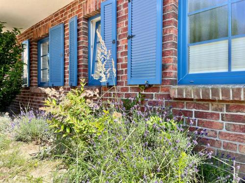 ein Backsteinhaus mit blauen Fensterläden darauf in der Unterkunft Ferienwohnung 02 am Selliner See in Ostseebad Sellin